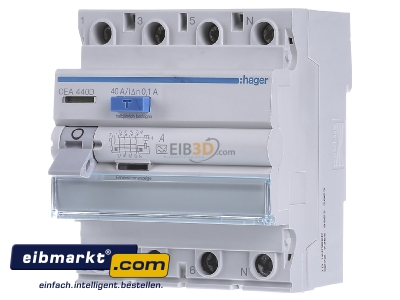 Front view Hager CEA440D Residual current breaker 4-p 40/0,1A 
