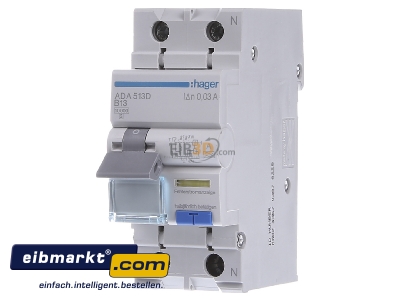 Frontansicht Hager ADA513D FI/LS-Schalter 1P+N 10kA B-13A 30mA 