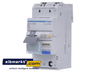 Front view Hager ADS906D Earth leakage circuit breaker B6/0,03A - 
