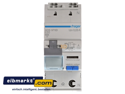 Frontansicht Hager ADS970D FI/LS-Schalter 1P+N 6kA C-20A 30mA 