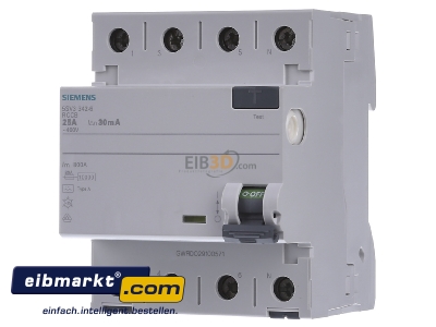 Frontansicht Siemens Indus.Sector 5SV3342-6 FI-Schutzschalter 25A,3+N,30mA,400V 