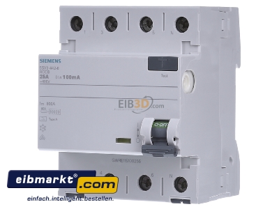 Frontansicht Siemens Indus.Sector 5SV3442-6 FI-Schutzschalter 25A,3+N,100mA 