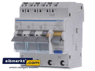 Front view Hager ADZ313D Earth leakage circuit breaker B13/0,03A
