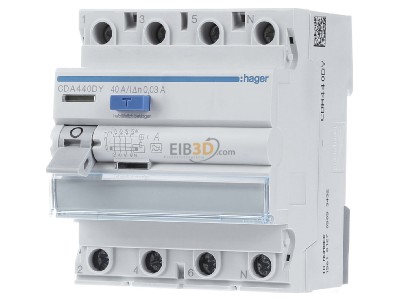 Frontansicht Hager CDA440DY Fehlerstromschutzschalter 4-pol. 6kA 40A 30mA 