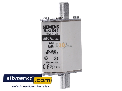 Frontansicht Siemens Indus.Sector 3NA3801-6 NH-Sicherungseinsatz Gr.000,6A, 690V 