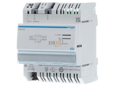 Frontansicht Hager TXA112 EIB, KNX Spannungsversorgung mit Drossel, 640mA, 