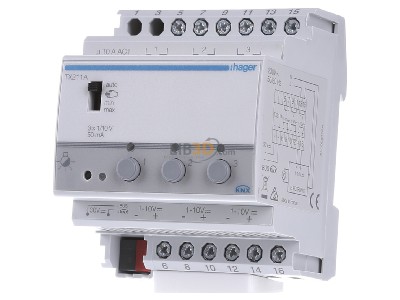 Front view Hager TX211A EIB, KNX switching actuator, dimming actuator for electronic ballasts, 3-fold, 1-10V, 
