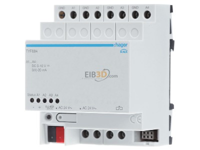 Frontansicht Hager TYF684 EIB, KNX Analogaktor 4fach zur Umwandlung von EIB, KNX Telegrammen zu analogen Signalen, 