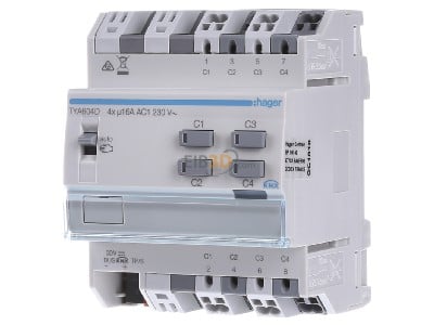 Front view Hager TYA604D EIB, KNX switching actuator 4-ch, 
