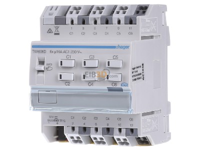 Front view Hager TXA606D EIB, KNX switching actuator 6-fold or blind/shutter actuator 3-fold, 
