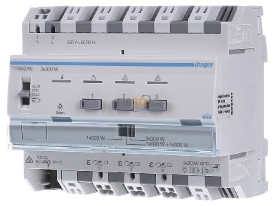 Front view Hager TYA663AN EIB, KNX dimming actuator 900W, 
