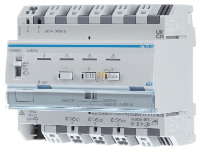 Front view Hager TXA663A EIB, KNX dimming actuator 3-fold, 3 x 300W, 
