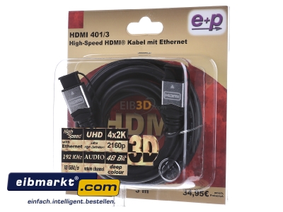 Frontansicht E+P Elektrik HDMI 401/3 HDMI High-Speed-Kabel Ethernet,3m,si/sw 