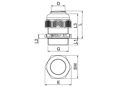 Dimensional drawing 1 OBO V TEC VM32VS LGR Cable gland   core connector M32
