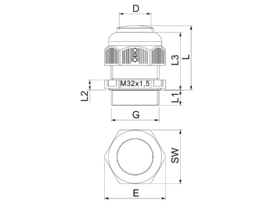 Dimensional drawing 2 OBO V TEC VM32VS LGR Cable gland   core connector M32