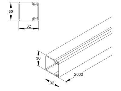 Dimensional drawing Kleinhuis HKL3030 6 Wireway 32x30mm RAL9001