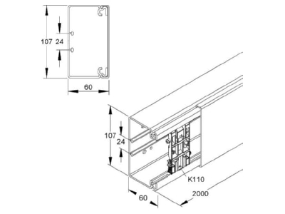Dimensional drawing Kleinhuis HKL60110 8 Wireway 60x107mm RAL7035
