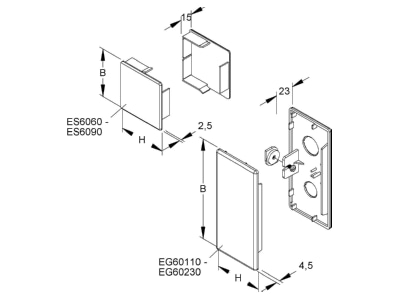 Dimensional drawing Kleinhuis ES6090 3 End cap for installation duct 60x88mm