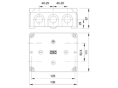 Dimensional drawing 1 OBO B 11 M 5 Surface mounted box 111x136mm
