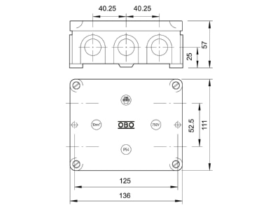 Dimensional drawing 2 OBO B 11 M 5 Surface mounted box 111x136mm