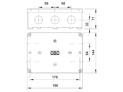 Dimensional drawing 1 OBO B 12 M Surface mounted box 144x196mm
