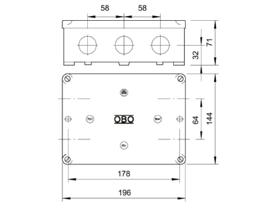 Dimensional drawing 2 OBO B 12 M Surface mounted box 144x196mm