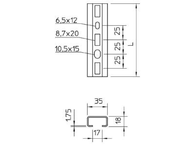 Dimensional drawing 2 OBO CMS3518P0600FS C profile 600x35x18mm