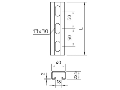 Dimensional drawing 1 OBO MS4022P2000A2 C profile 2000x40x22 5mm
