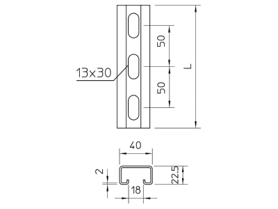 Dimensional drawing 2 OBO MS4022P2000A2 C profile 2000x40x22 5mm