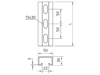 Dimensional drawing 1 OBO MS5030P2000A2 C profile 2000x50x30mm

