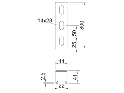 Dimensional drawing 3 OBO MS4141P0800FT C profile 800x41x41mm