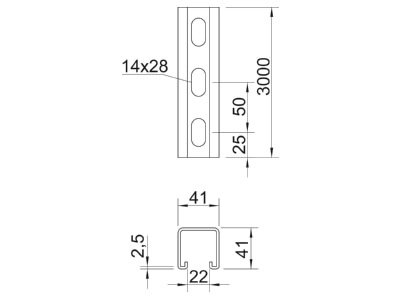 Dimensional drawing 1 OBO MS4141P3000FT C profile 3000x41x41mm
