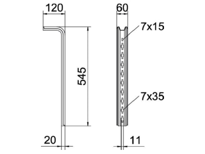 Dimensional drawing 2 OBO TPS 545 FS Ceiling profile for cable tray 545mm