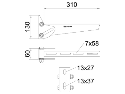Dimensional drawing 1 OBO AWV 31 FT Wall bracket for cable support 60x130mm
