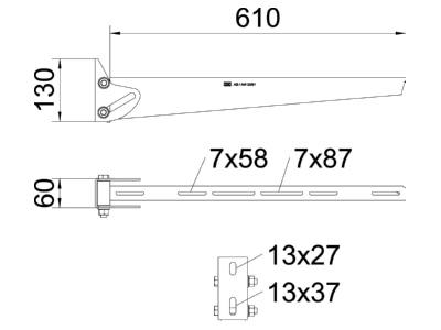 Dimensional drawing 2 OBO AWV 61 FT Wall bracket for cable support 610x130mm