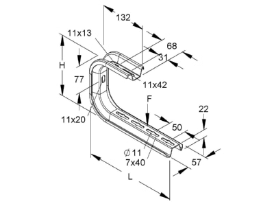 Dimensional drawing 2 Niedax TKSU 200 Ceiling bracket for cable tray