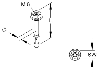 Dimensional drawing Niedax DAM 6X5 Anchor bolt M6x52mm
