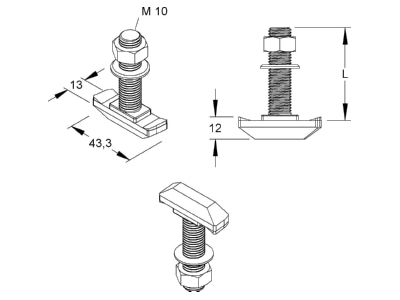 Dimensional drawing Niedax HK 610 30 Strut nut with T bolt M10x30mm
