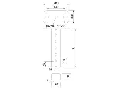 Mazeichnung 2 OBO US 7 K 20 FT U Stiel mit Kopfplatte 200mm  schwer