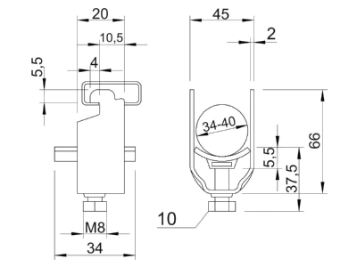 Dimensional drawing 3 OBO 2056N 40 A2 One piece strut clamp 34   40mm