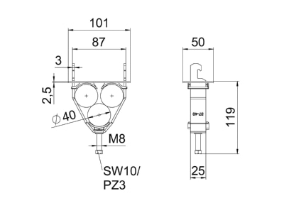 Dimensional drawing 2 OBO 2056U E40 FT One piece strut clamp 37   40mm
