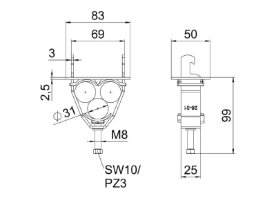 Dimensional drawing 1 OBO 2056U E31 FT One piece strut clamp 28   31mm
