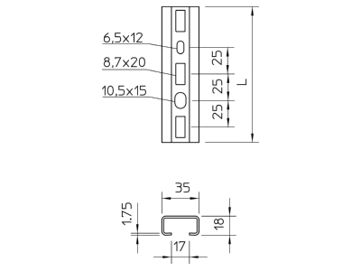 Dimensional drawing 1 OBO CMS3518P0300FS C profile 300x35x18mm
