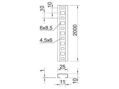 Dimensional drawing 3 OBO CL2510P2000FS C profile 2000x25x10mm