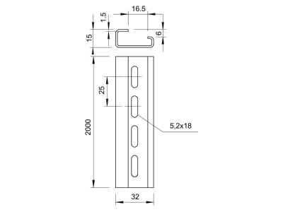 Dimensional drawing 1 OBO 2064 GTPL 2M Mounting rail 2000mm Steel
