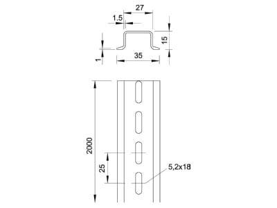 Dimensional drawing 1 OBO 2069 15 1 5 GTPL Mounting rail 2000mm Steel
