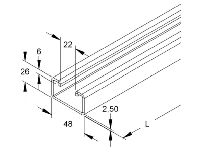 Dimensional drawing Niedax 2991 2 FO C profile 2000x48x26mm