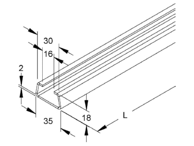 Dimensional drawing Niedax 2980 2 BO C profile 2000x35x18mm