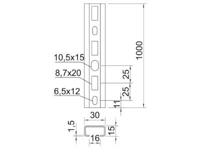 Dimensional drawing 1 OBO CM3015P1000FT C profile 1000x30x15mm
