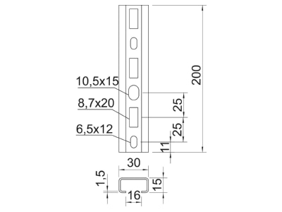 Dimensional drawing 1 OBO CM3015P0200FT C profile 200x30x15mm
